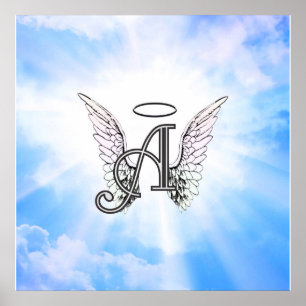 Monogram Initial A, Angel Wings & Halo w/ Clouds Poster