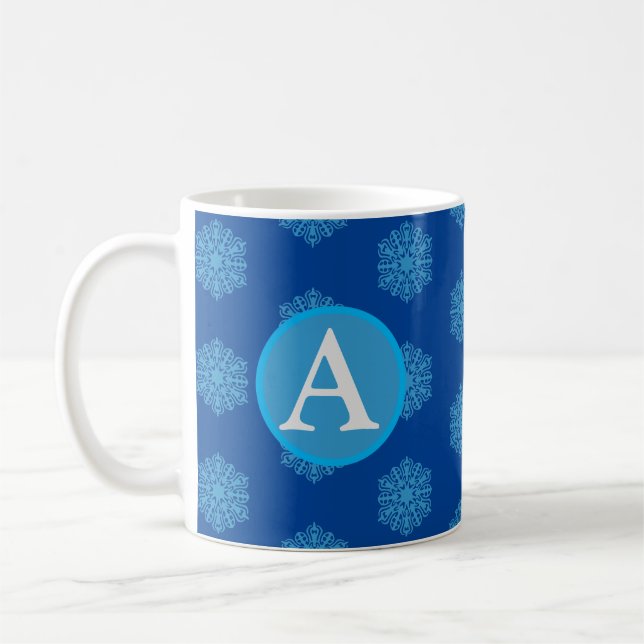 Monogram Initial "A" Blue Snowflakes Coffee Mug (Left)