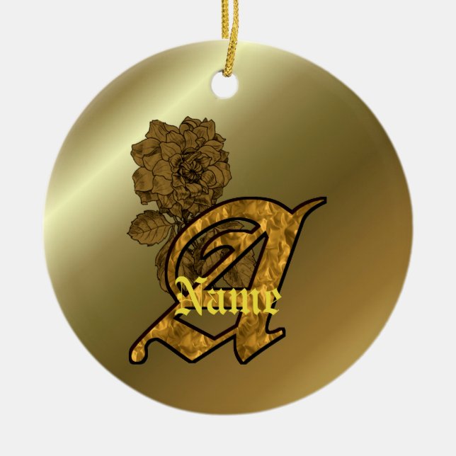 Monogram Initial A Elegant Gold Peony Personalised Ceramic Ornament (Front)