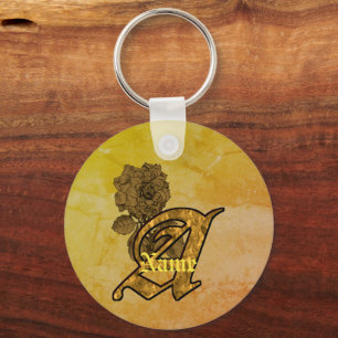 Monogram Initial A Elegant Gold Peony Personalised Key Ring