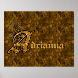 Monogram Initial A Gold Peony Flower Personalised Poster