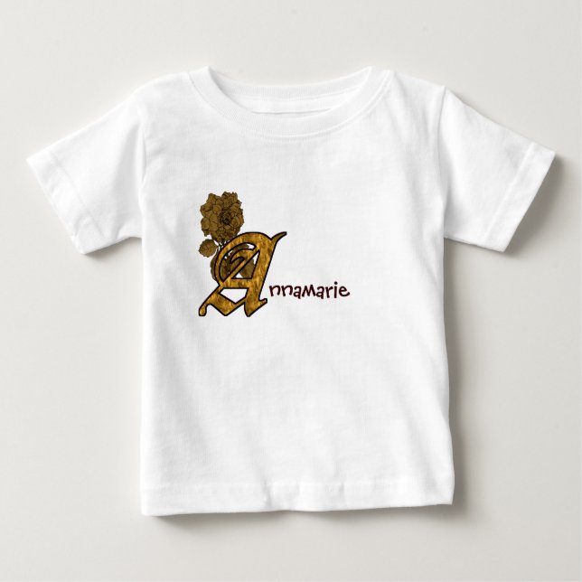 Monogram Initial A Gold Peony Personalised Baby T-Shirt (Front)