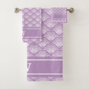 Monogram Initial Abstract Purple Floral Pattern Bath Towel Set