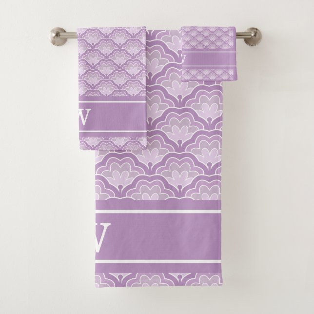 Monogram Initial Abstract Purple Floral Pattern Bath Towel Set (Insitu)