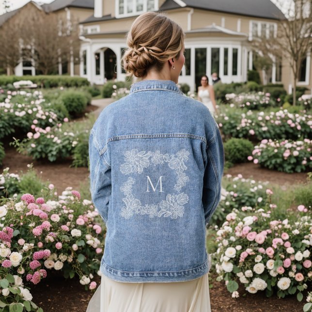 Monogram Initial and White Lace Flowers Denim Jacket (Wedding Back)