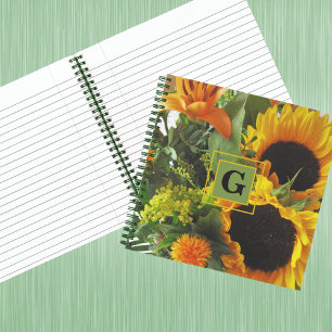 Monogram Initial Autumn Sunflowers 8.5x8.5 Notebook