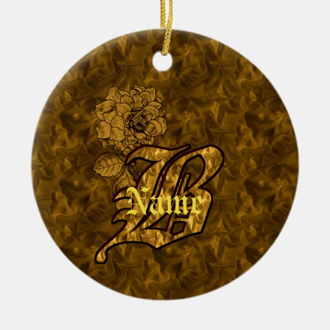 Monogram Initial B Elegant Gold Peony Flower Ceramic Ornament (Front)