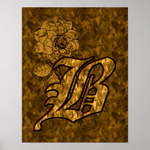 Monogram Initial B Elegant Gold Peony Flower Poster