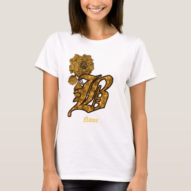 Monogram Initial B Gold Peony Flower Personalised T-Shirt (Front)