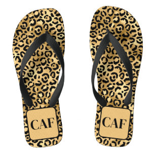 Monogram Initial Black Gold Leopard Cheetah Print  Thongs