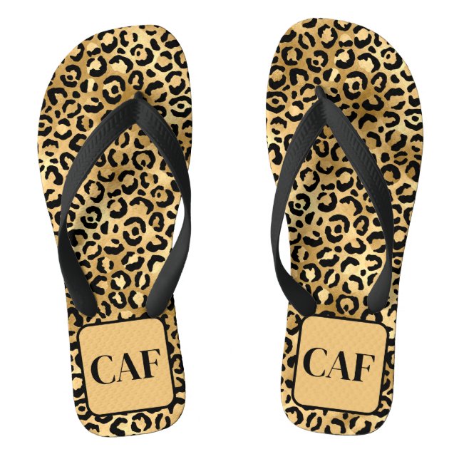 Monogram Initial Black Gold Leopard Cheetah Print  Thongs (Footbed)