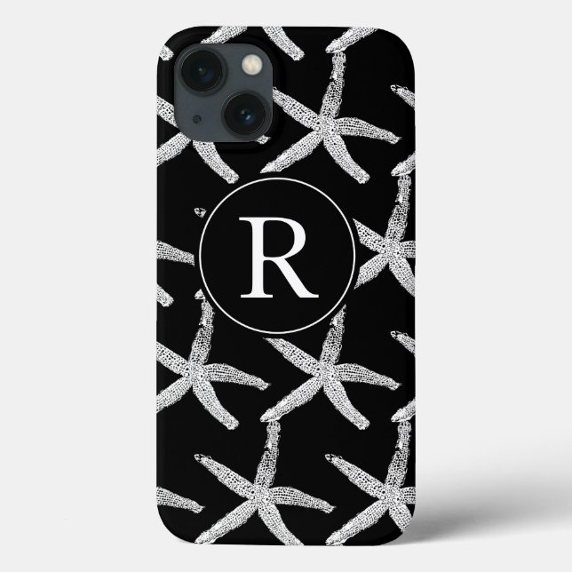 Monogram Initial Black White Starfish Pattern Cute Case-Mate iPhone Case (Back)