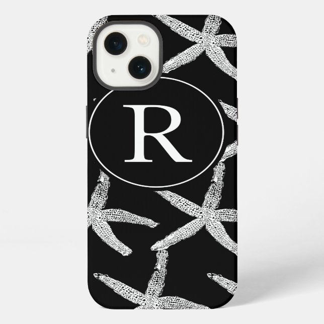 Monogram Initial Black White Starfish Pattern Cute iPhone Case (Back)