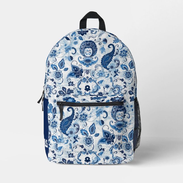 Monogram Initial Blue and White Paisley  Printed Backpack (Front)