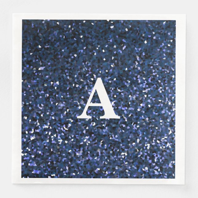 Monogram Initial Blue Glitter White Custom Name Napkin (Front)