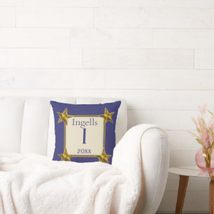 Monogram Initial Blue Gold Stars Letter I Keepsake Cushion