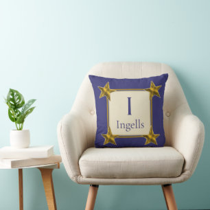Monogram Initial Blue Gold Stars Wedding Keepsake Cushion