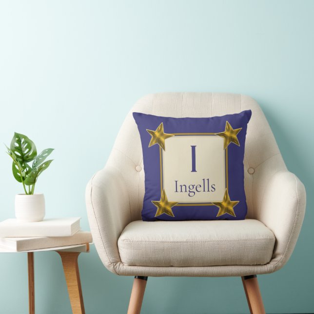 Monogram Initial Blue Gold Stars Wedding Keepsake Cushion (Chair)