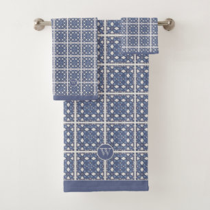 Monogram Initial Blue Grey Mediterranean Tile Bath Towel Set
