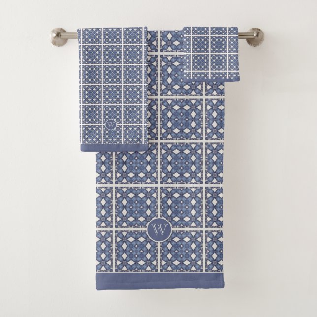 Monogram Initial Blue Grey Mediterranean Tile Bath Towel Set (Insitu)