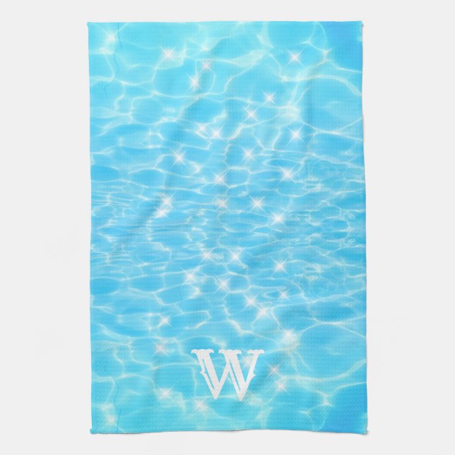 Monogram Initial Blue Water Ripple Water Texture Tea Towel (Vertical)
