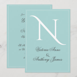 Monogram Initial Blue White Frame Wedding Invitation