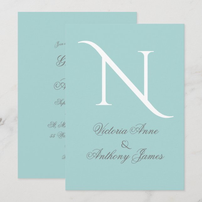 Monogram Initial Blue White Wedding Invitation (Front/Back)