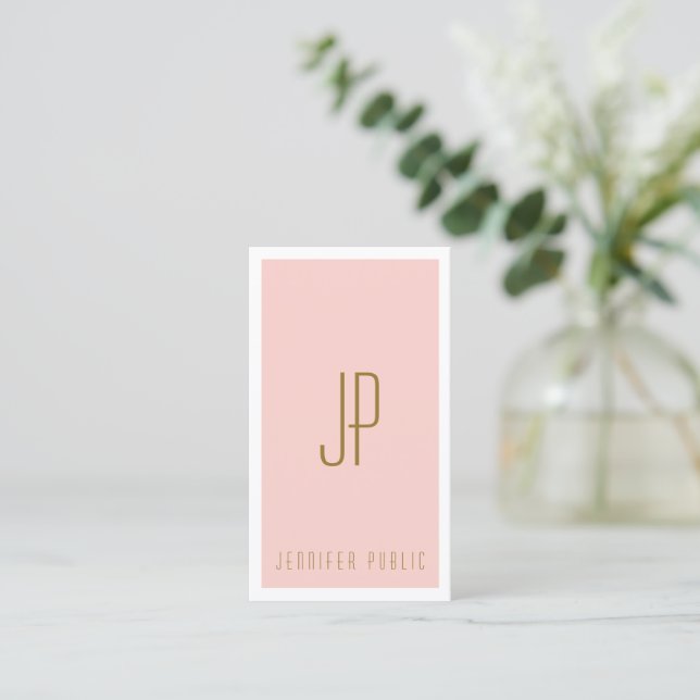 Monogram Initial Blush Pink Gold Vertical Modern Business Card (Standing Front)