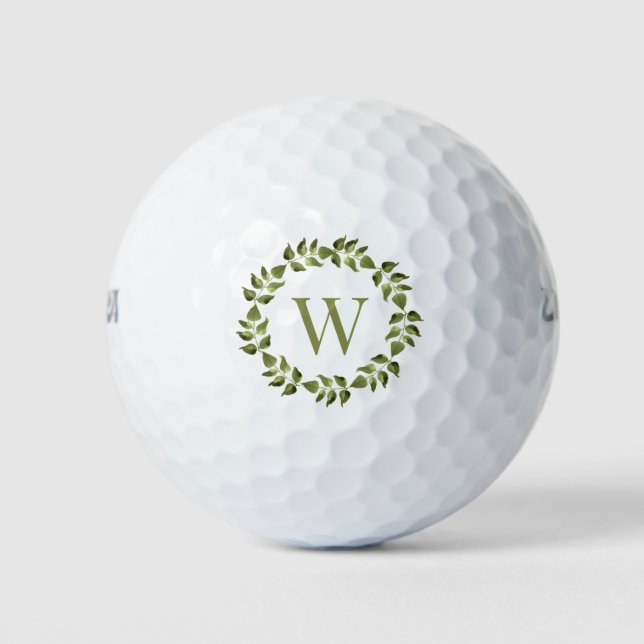 Monogram Initial Botanical Green Wreath Golf Balls (Front)