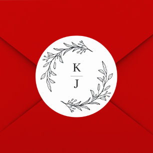 Monogram Initial Botanical Leaf Wedding Favour Classic Round Sticker