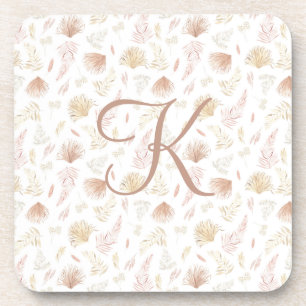 Monogram Initial Botanical Rose Gold Tan Neutral  Coaster