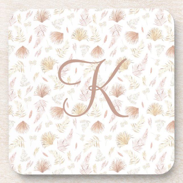Monogram Initial Botanical Rose Gold Tan Neutral  Coaster (Front)