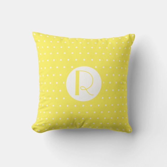 Monogram Initial Bright Yellow White Polka Dots Cushion (Front)