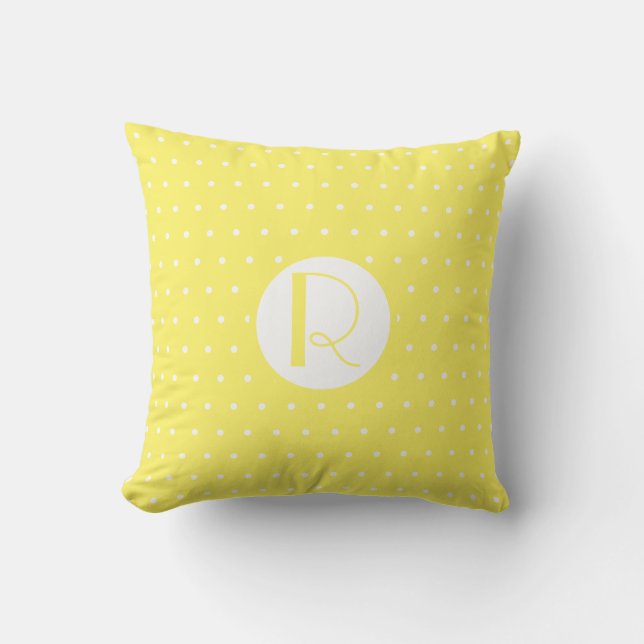 Monogram Initial Bright Yellow White Polka Dots Cushion (Front)