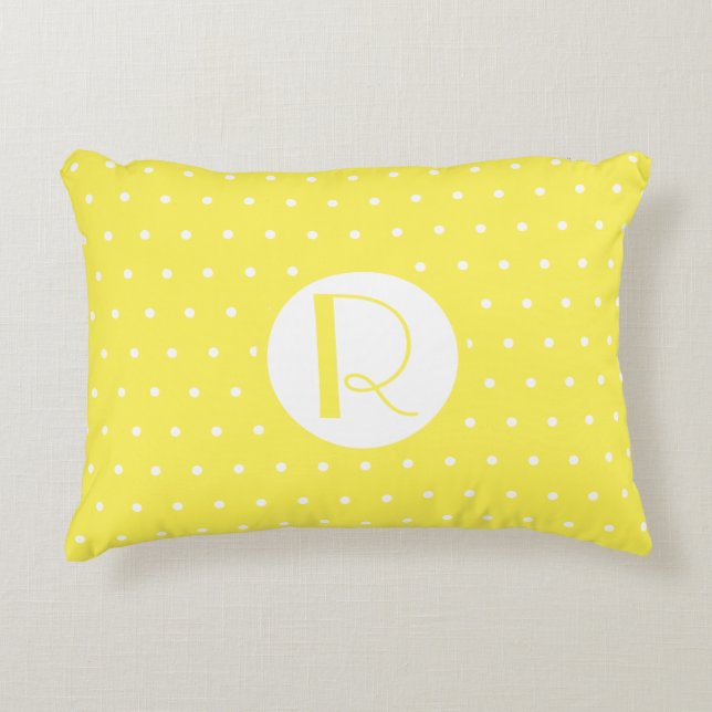 Monogram Initial Bright Yellow White Polka Dots Decorative Cushion (Front)