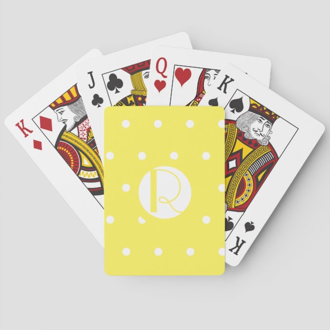 Monogram Initial Bright Yellow White Polka Dots Playing Cards (Back)