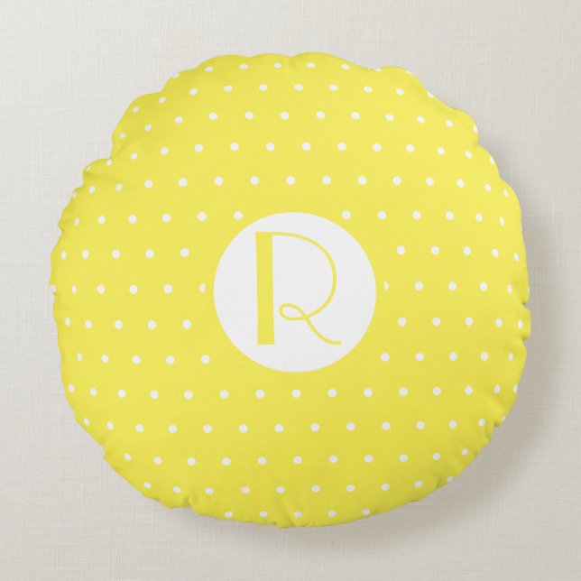 Monogram Initial Bright Yellow White Polka Dots Round Cushion (Front)