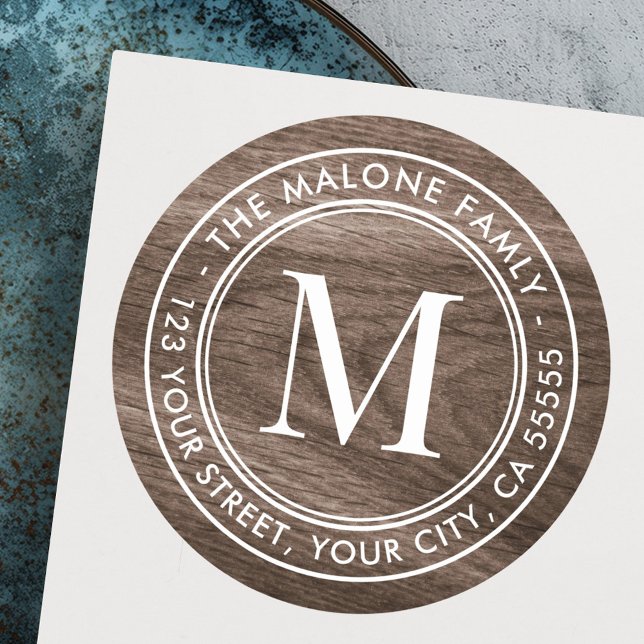 Monogram initial Brown woodgrain return address Classic Round Sticker (Monogram initial Brown woodgrain return address Classic Round Sticker)