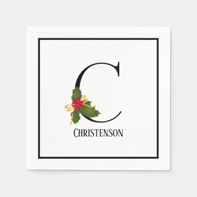 Monogram Initial C Christmas Holly Paper Napkin (Front)