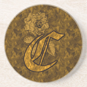 Monogram Initial C Elegant Gold Peony Flower Coaster