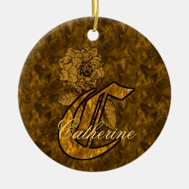 Monogram Initial C Elegant Gold Peony Personalised Ceramic Ornament (Front)