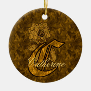 Monogram Initial C Elegant Gold Peony Personalized Ceramic Ornament