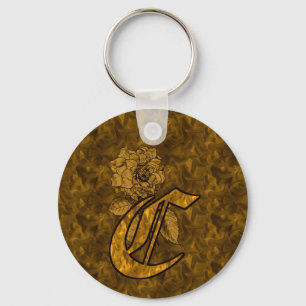 Monogram Initial C Gold Peony Flower Key Ring