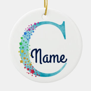 Monogram Initial C Rainbow Star design Ceramic Ornament