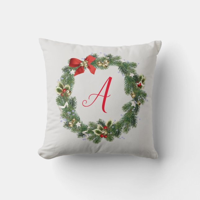 Monogram Initial Christmas Wreath Throw Pillow (Front)