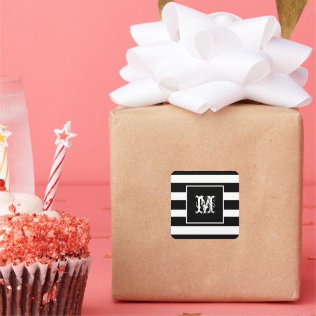Monogram Initial Classy Chic Cool B & W Striped  Square Sticker (Party)