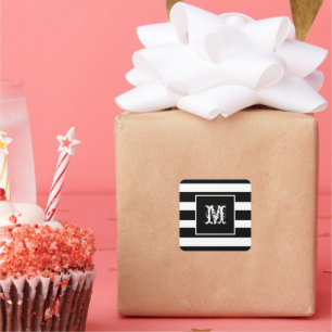 Monogram Initial Classy Chic Cool B & W Striped Square Sticker
