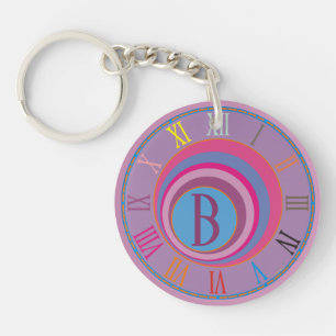 Monogram Initial Clock Art Pink Purple Blue Pretty Key Ring