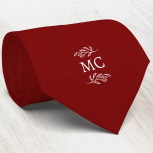 Monogram Initial Crest Botanical Leaf Burgundy Red Tie