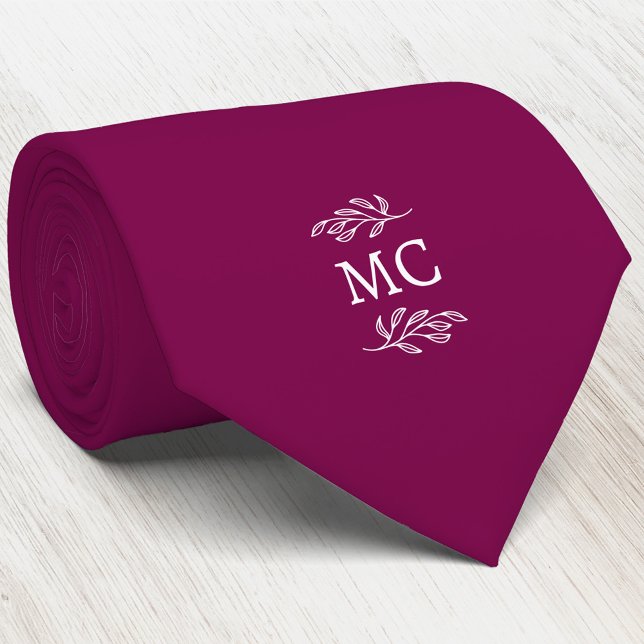 Monogram Initial Crest Botanical Leaf Cherry Pink Tie (Simple botanical leaf monogram initials personalized crest neck tie)